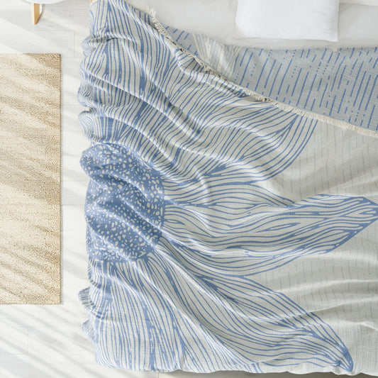 Sunflower Mavi 4 Katlı Jumbo Jakarlı Pano Desen Müslin Pike 185x215 cm %100 Pamuk