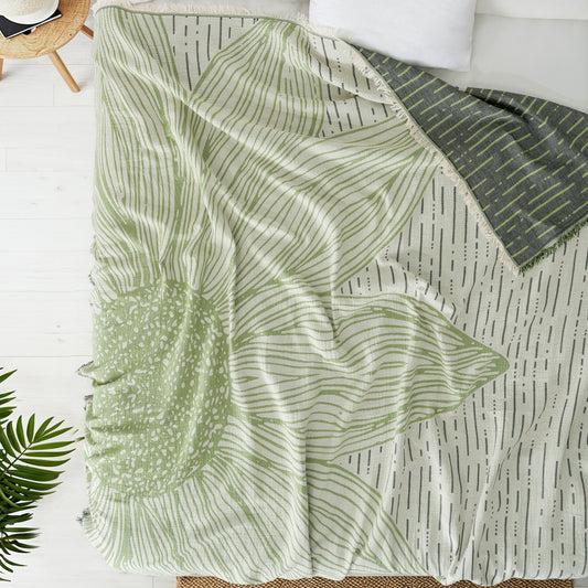 Sunflower Yeşil 4 Katlı Jumbo Jakarlı Pano Desen Müslin Pike 185x215 cm %100 Pamuk