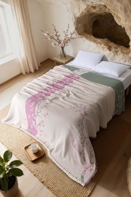 Sakura 4 Katlı Jumbo Jakarlı Pano Desen Müslin Çift Kişilik Pike / Yatak Örtüsü %100 Pamuk