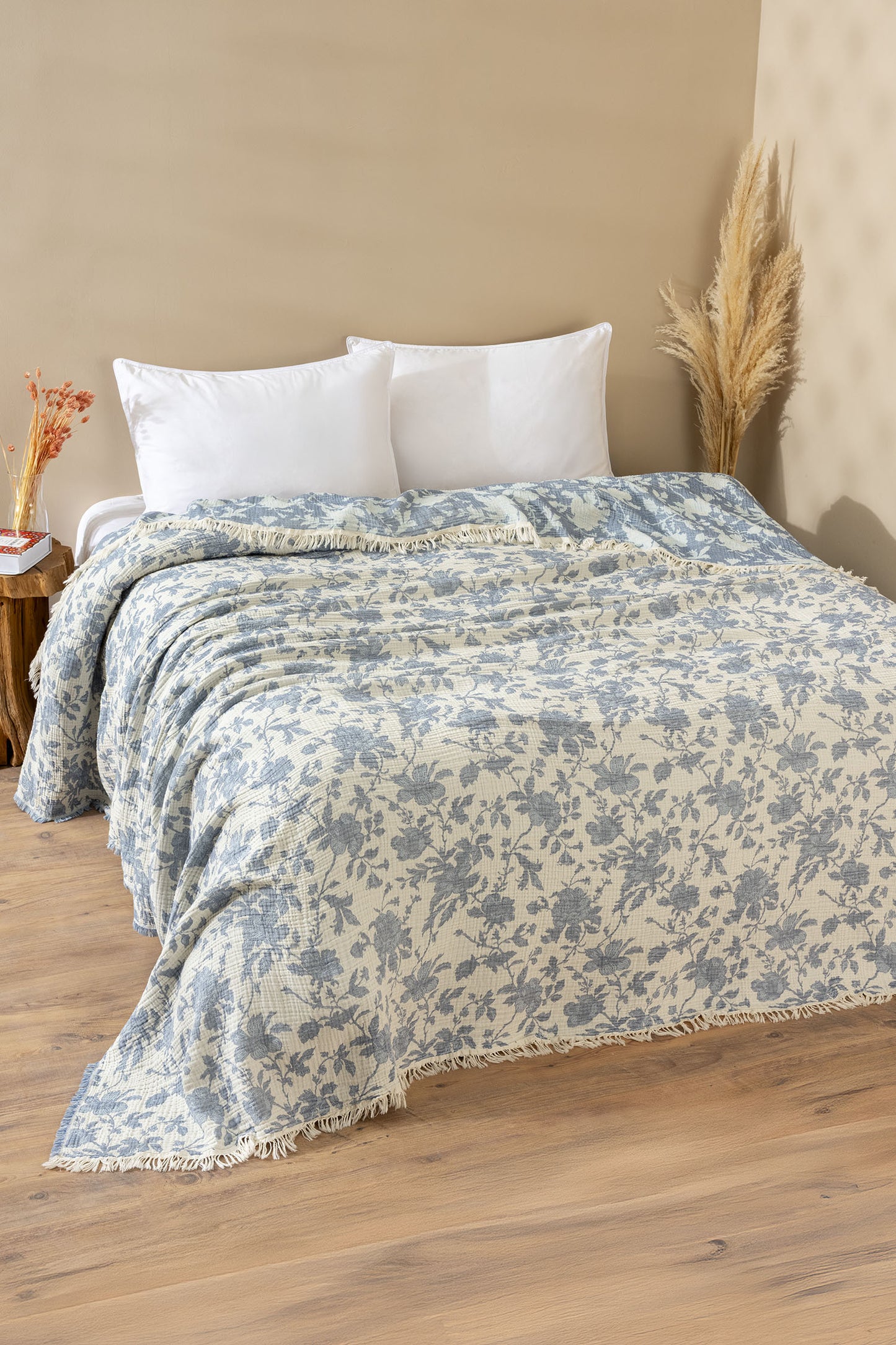 Azure Jakarlı 4 Katlı Müslin Pike / Yatak Örtüsü %100 Pamuk