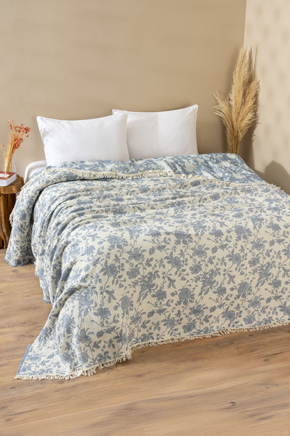 Azure Jakarlı 4 Katlı Müslin Pike / Yatak Örtüsü %100 Pamuk