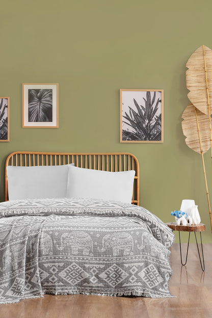 Elephant 3 Katlı Jakarlı Müslin Pike / Yatak Örtüsü %100 Pamuk