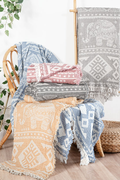 Elephant 3 Katlı Jakarlı Müslin Pike / Yatak Örtüsü %100 Pamuk