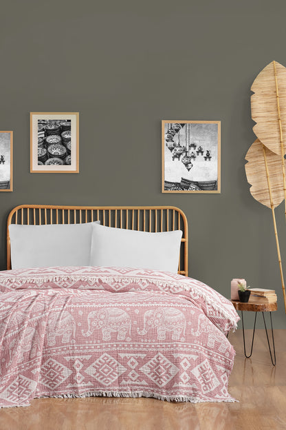 Elephant 3 Katlı Jakarlı Müslin Pike / Yatak Örtüsü %100 Pamuk