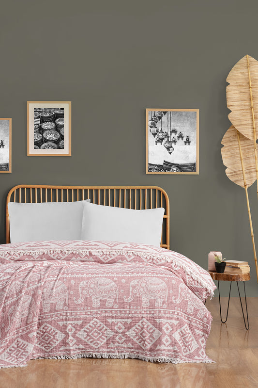 Elephant 3 Katlı Jakarlı Müslin Pike / Yatak Örtüsü %100 Pamuk
