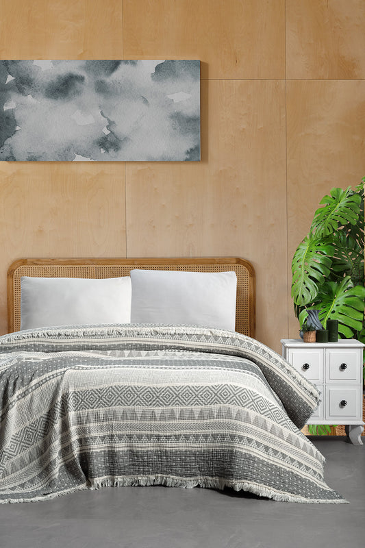 Etnic 3 Katlı Jakarlı Müslin Pike / Yatak Örtüsü %100 Pamuk