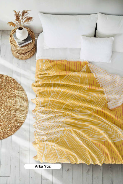 Sunflower 4-Layer Jumbo Jacquard Panel Pattern Muslin Blanket / Bedspread %100 Cotton