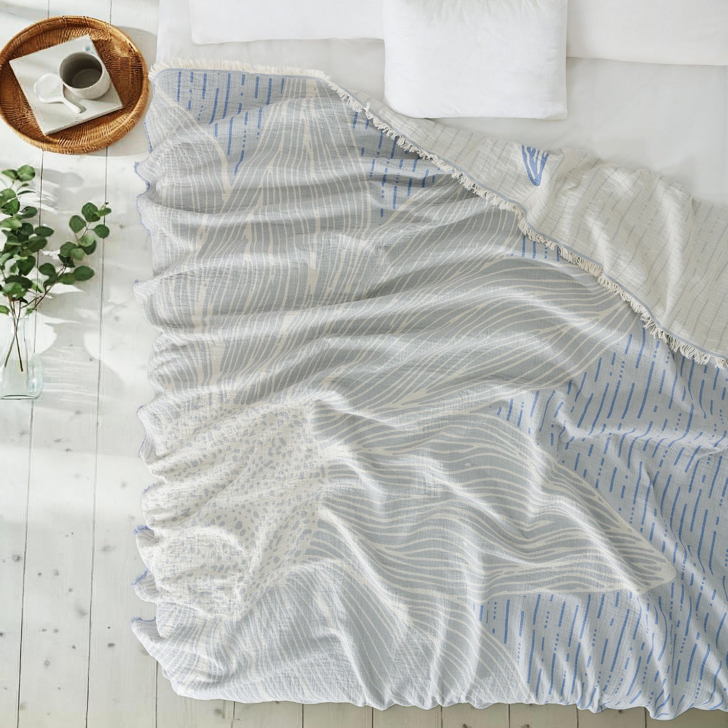 Sunflower Mavi 4 Katlı Jumbo Jakarlı Pano Desen Müslin Pike 185x215 cm %100 Pamuk