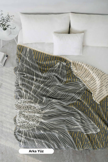 Sunflower 4-Layer Jumbo Jacquard Panel Pattern Muslin Blanket / Bedspread %100 Cotton