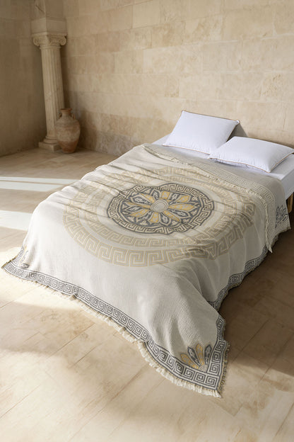 Helios 4 Katlı Jumbo Jakarlı Pano Desen Müslin Pike / Yatak Örtüsü %100 Pamuk