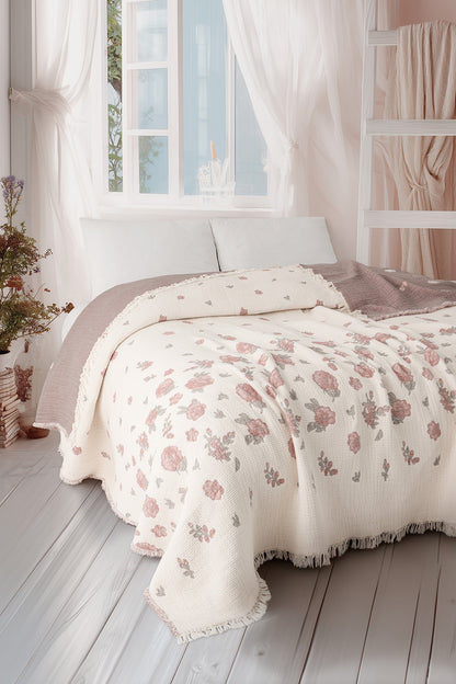Rose 5-Layer Filled Muslin Double Bed Quilt / Bedspread (220x240 cm) 100% Cotton