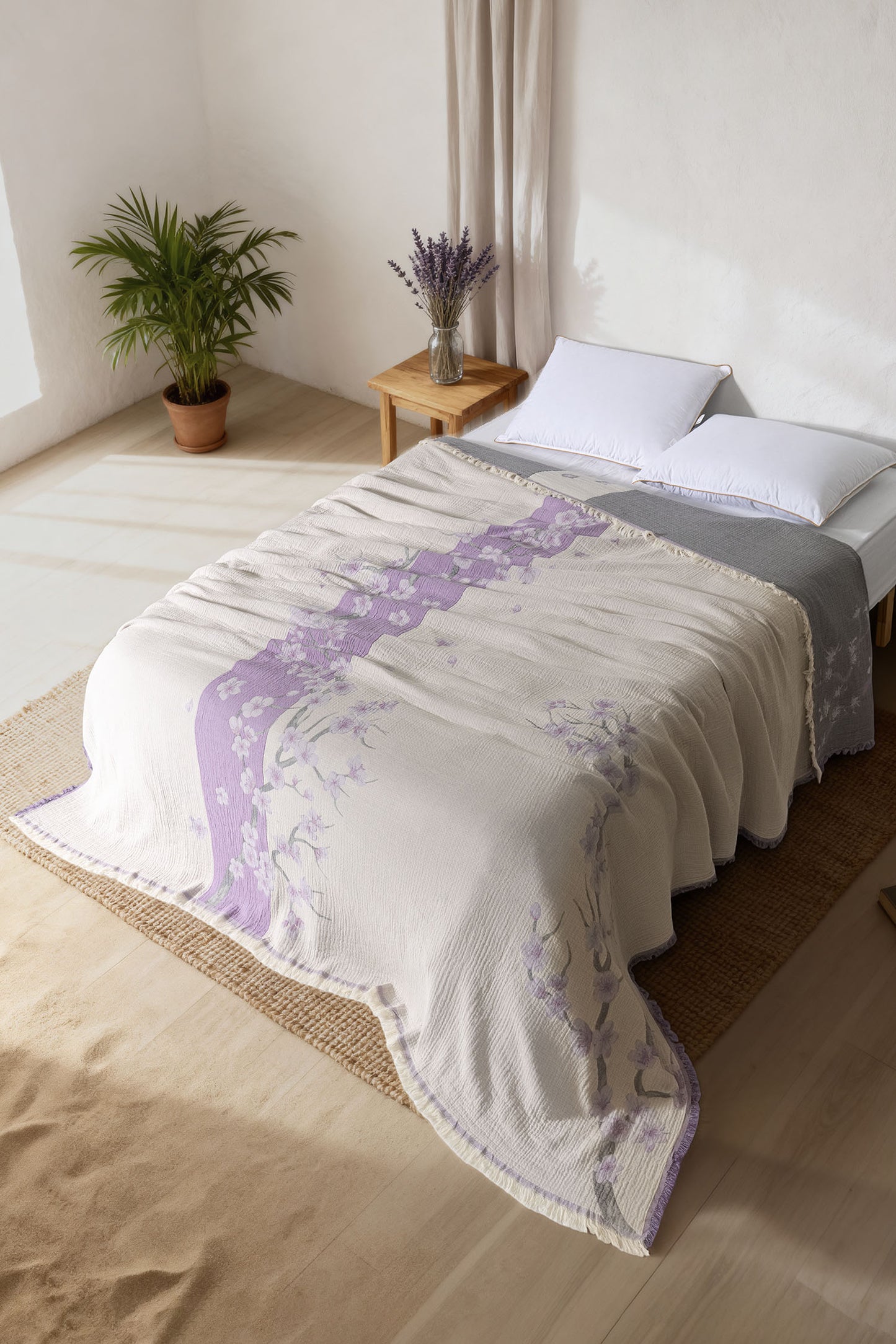 Sakura 4 Katlı Jumbo Jakarlı Pano Desen Müslin Pike / Yatak Örtüsü %100 Pamuk